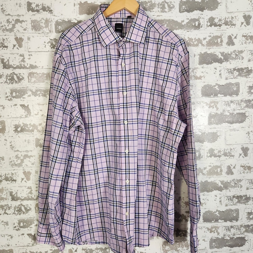 BLACK Saks 5th Avenue Dress Shirt  Men XXL Plaid Pink Blue Cotton Blend Business